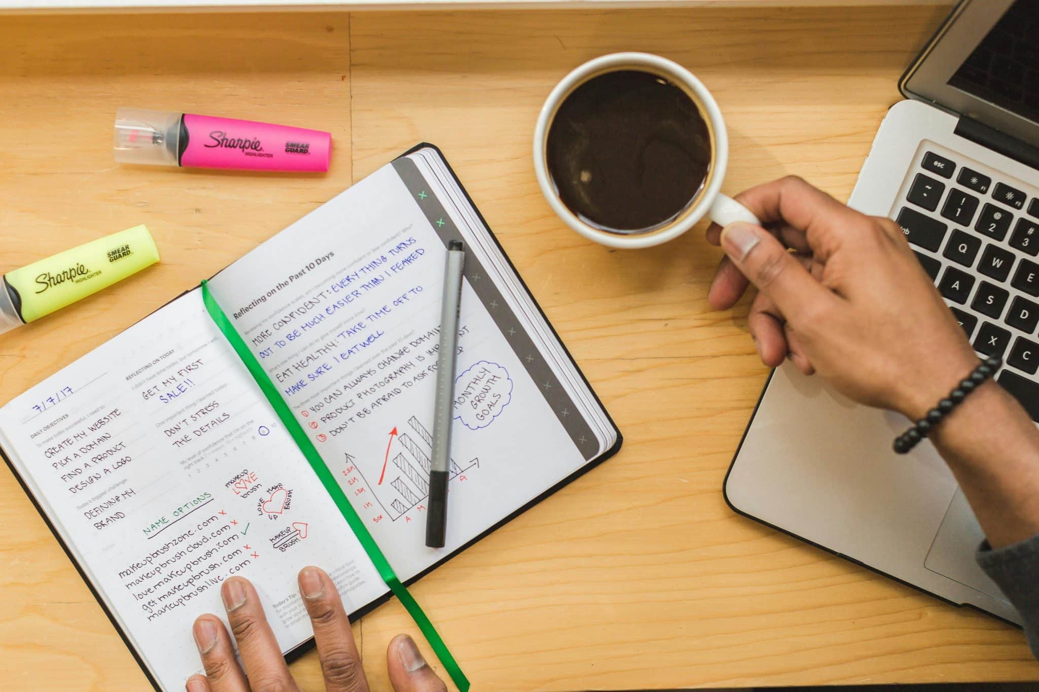Flatlay of coffee and notebook – journaling as part of daily goal setting strategies.