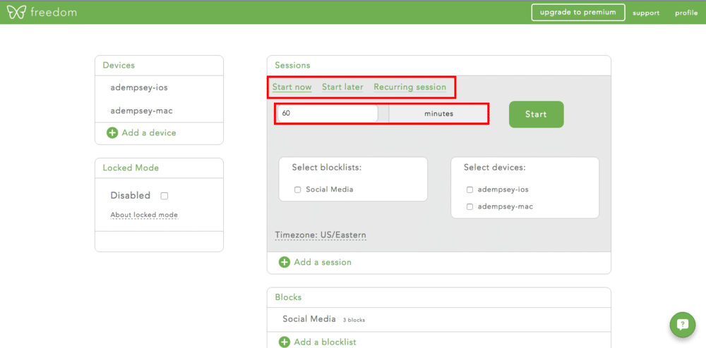 Select when you want the block to start and duration