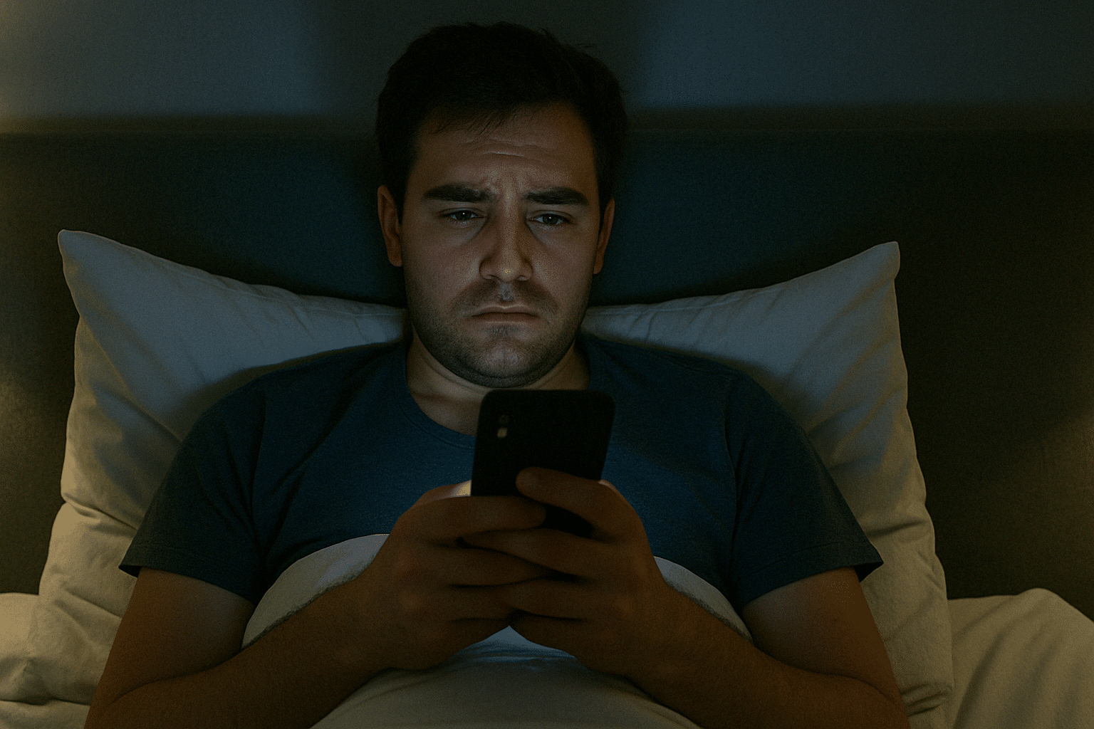 A man lying in bed before sleep, staring at his phone with a tense expression showing signs of stress from doomscrolling