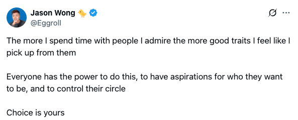 Screenshot of a tweet by Jason Wong emphasizing how observational learning influences behavior by showing that people often adopt habits and mindsets they consistently see modeled online.