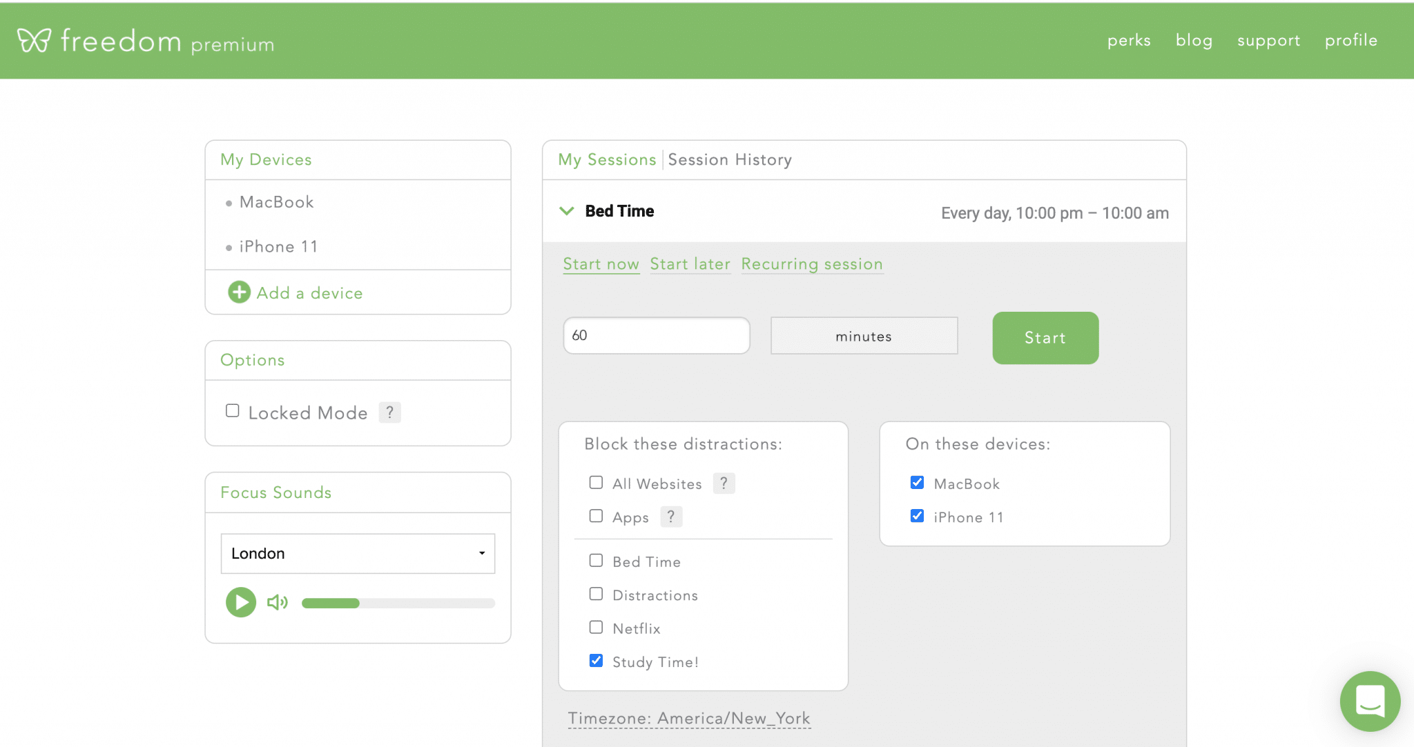 Freedom dashboard with ambient sounds